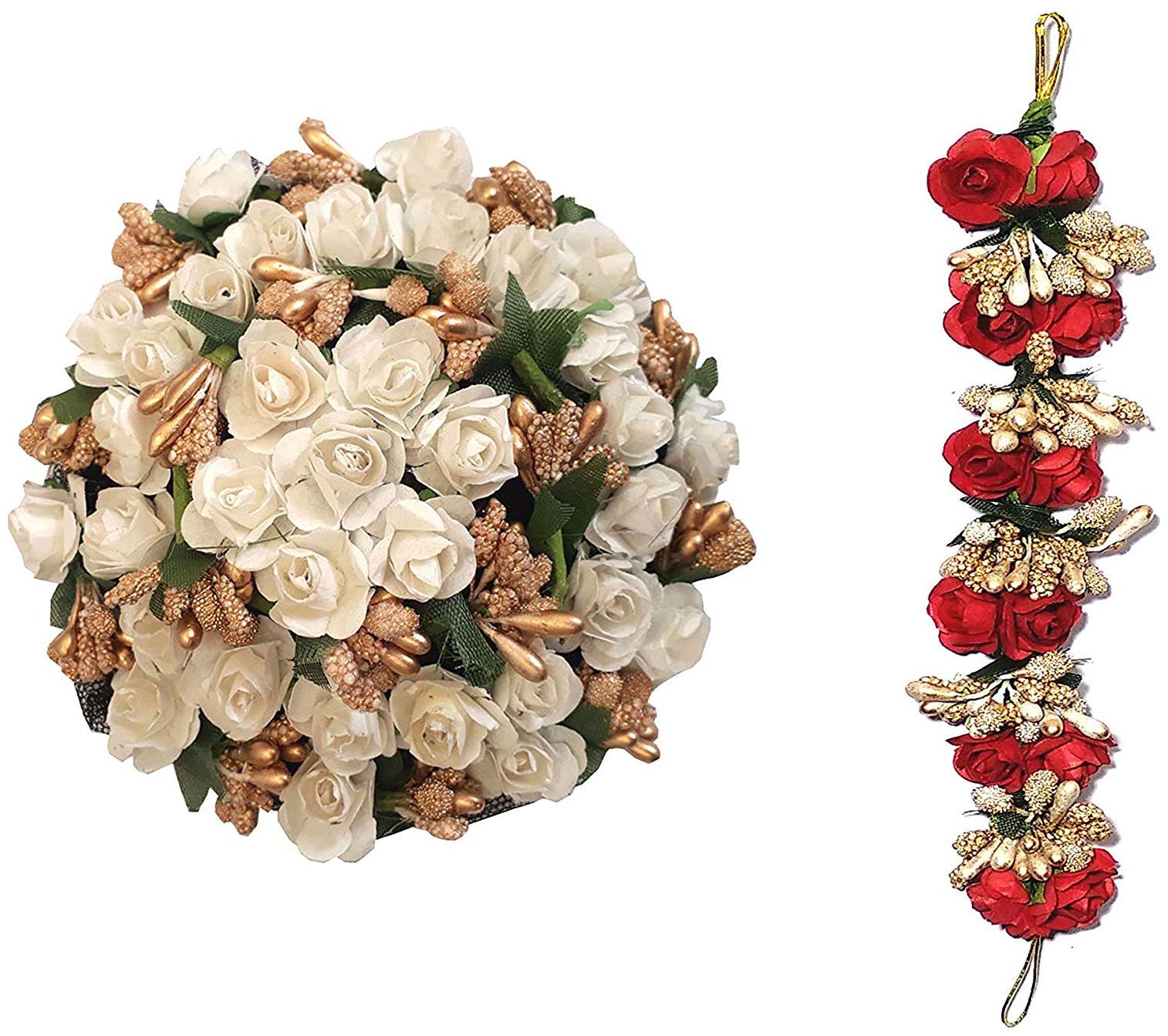 

Maahal Full Red Juda Bun Hair Flower Gajra and Red White gajra Combo for Wedding and Party