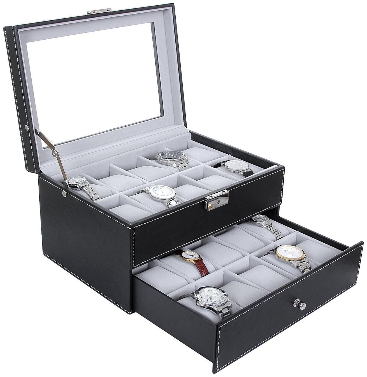 

Medetai Black Leather Watch Box Lockable 20 Mens Glass Top Watch Display Case Organizer Watch Box (Black Grey Holds 20 Watches)