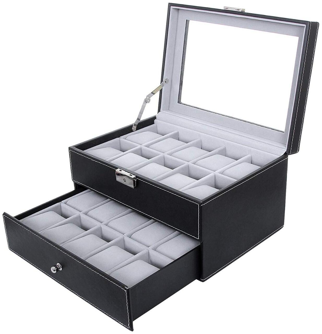 

Medetai Black Leather Watch Box Lockable 20 Mens Glass Top Watch Display Case Organizer