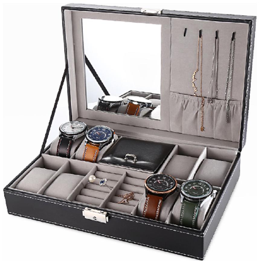 

Medetai Luxury Genuine Leather 3 in One 8 Grids Watches Jewellery Mirror Storage Organizer Box and Ring Collection Boxes Black