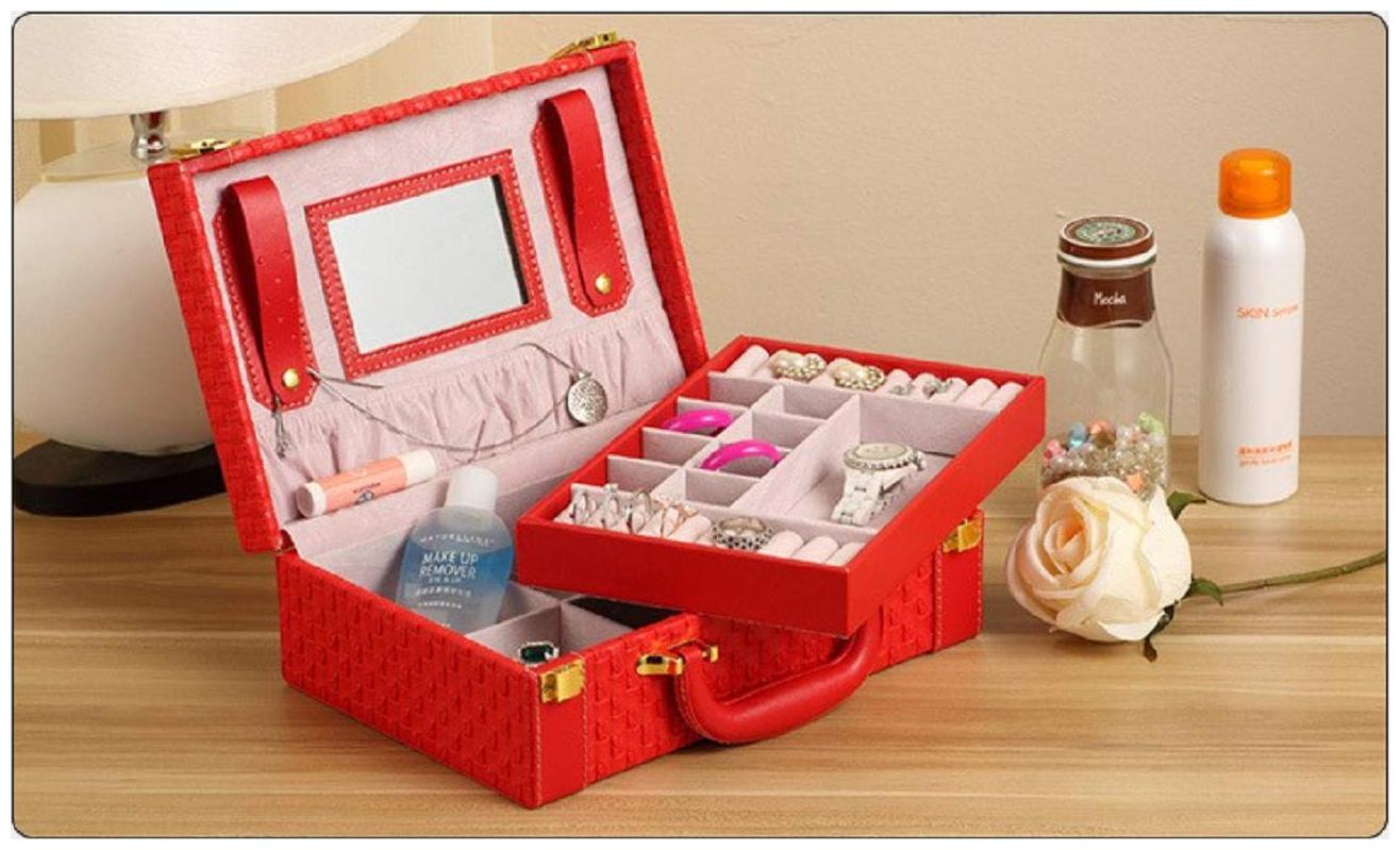 

Medetai Portable Braided Pattern Necklace Jewelry Storage Box Multi-functional Rings Earrings Organizer Case For Women Gift ( RED )