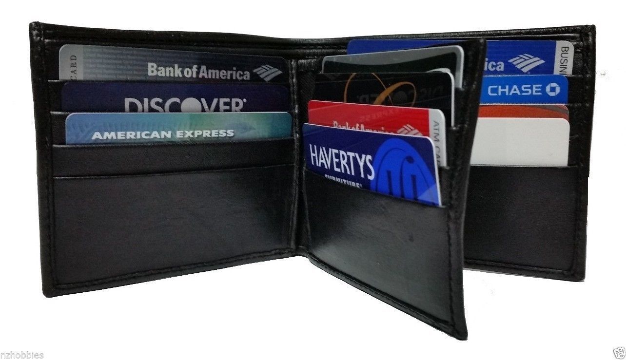 

Men s Leather bifold Wallet 2 Bill Section 12 Credit Card Slots One ID Window