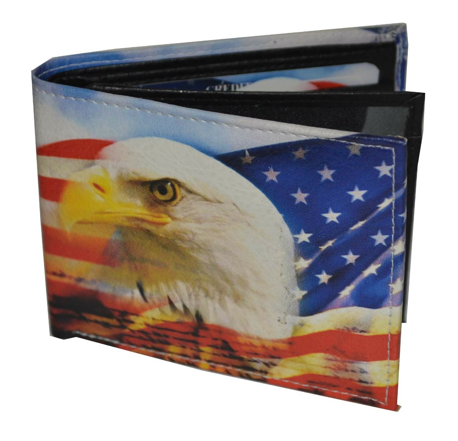 

Leatherboss Men Bifold Exotic Wallet US American Flag Eagle with gift box