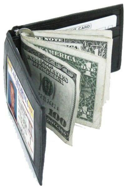 

Mens Black Genuine Leather Bifold MONEY CLIP Badge ID Front Pocket Thin Wallet