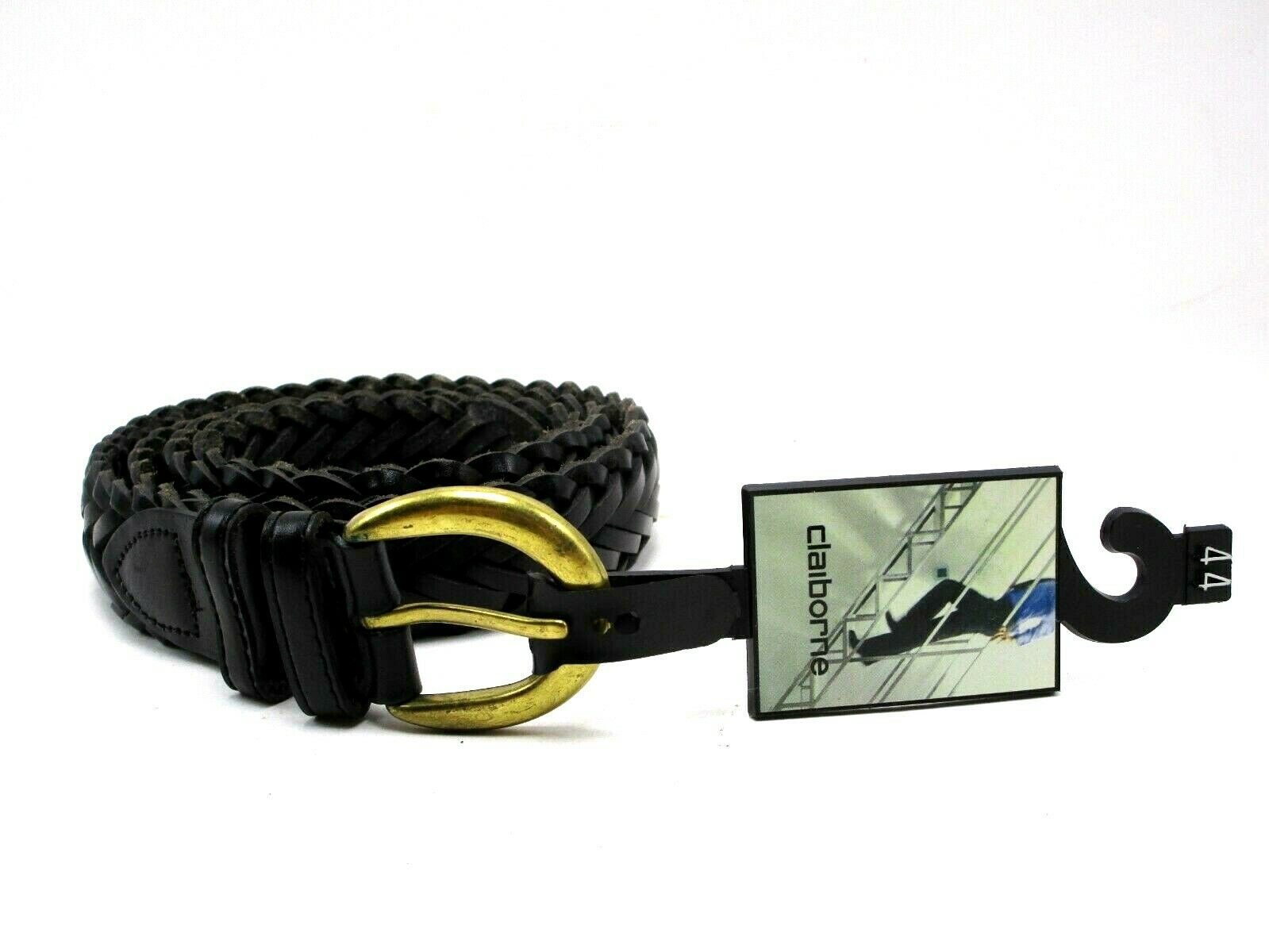 

Mens Claiborne Black Braided Leather Belt Size 44 Brass Buckle New