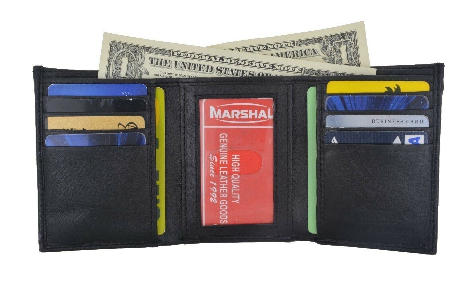 

Mens Trifold Genuine Leather Wallet Credit Card ID License Window Black