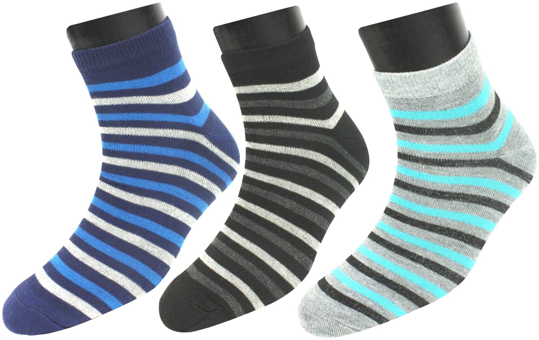 

Neska Moda Premium 3 Pair Men s Exclusive Formal Cotton Striped Ankle Length Socks-Blue Black Grey S298