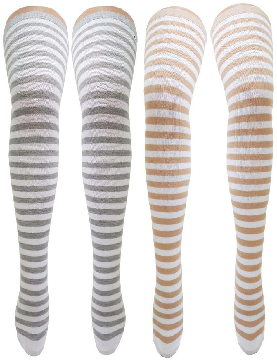 

Neska Moda Women s 2 Pair Grey And Beige Striped Cotton Thigh-High Stockings