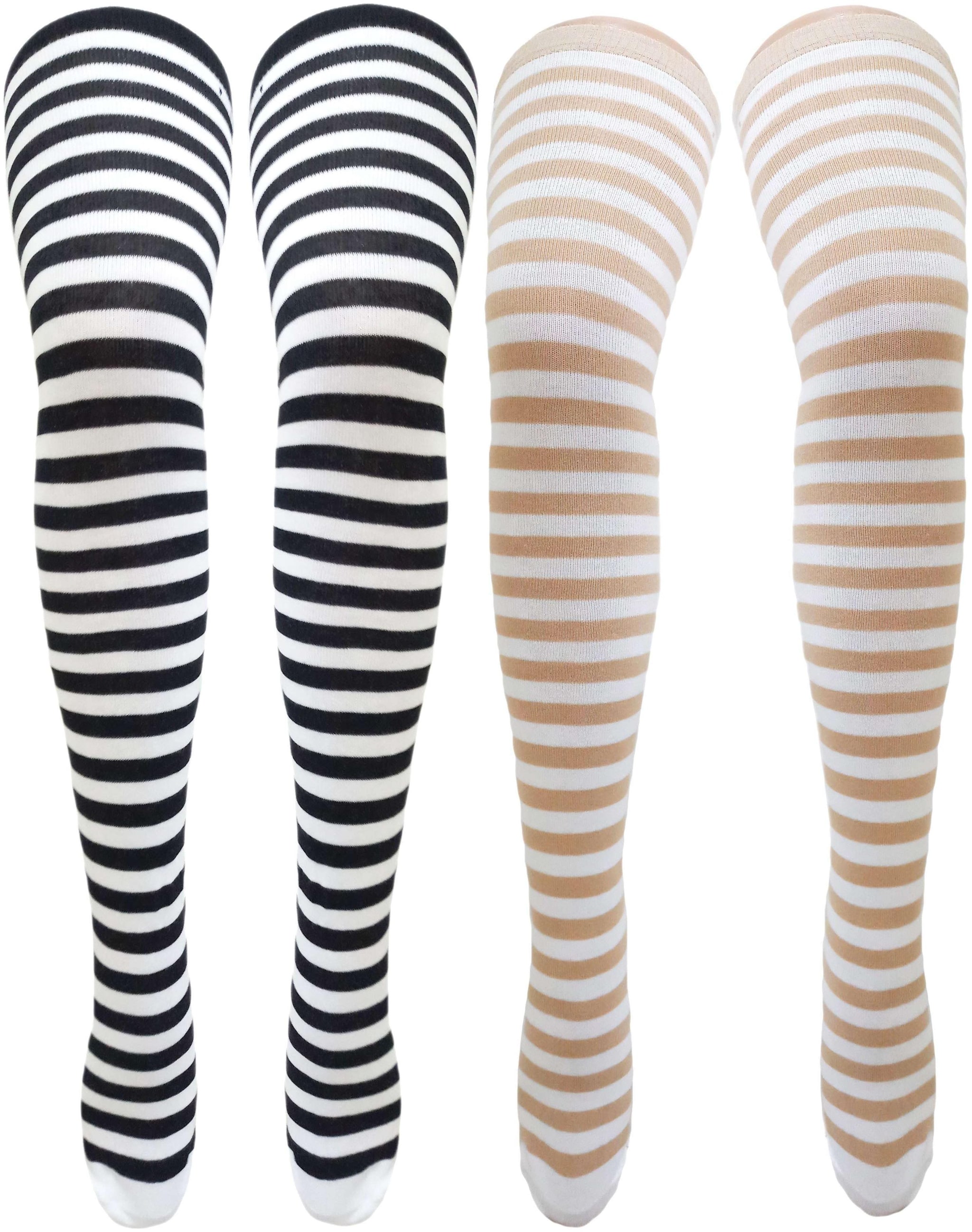 

Neska Moda Women s 2 Pair Black And Beige Striped Cotton Thigh-High Stockings