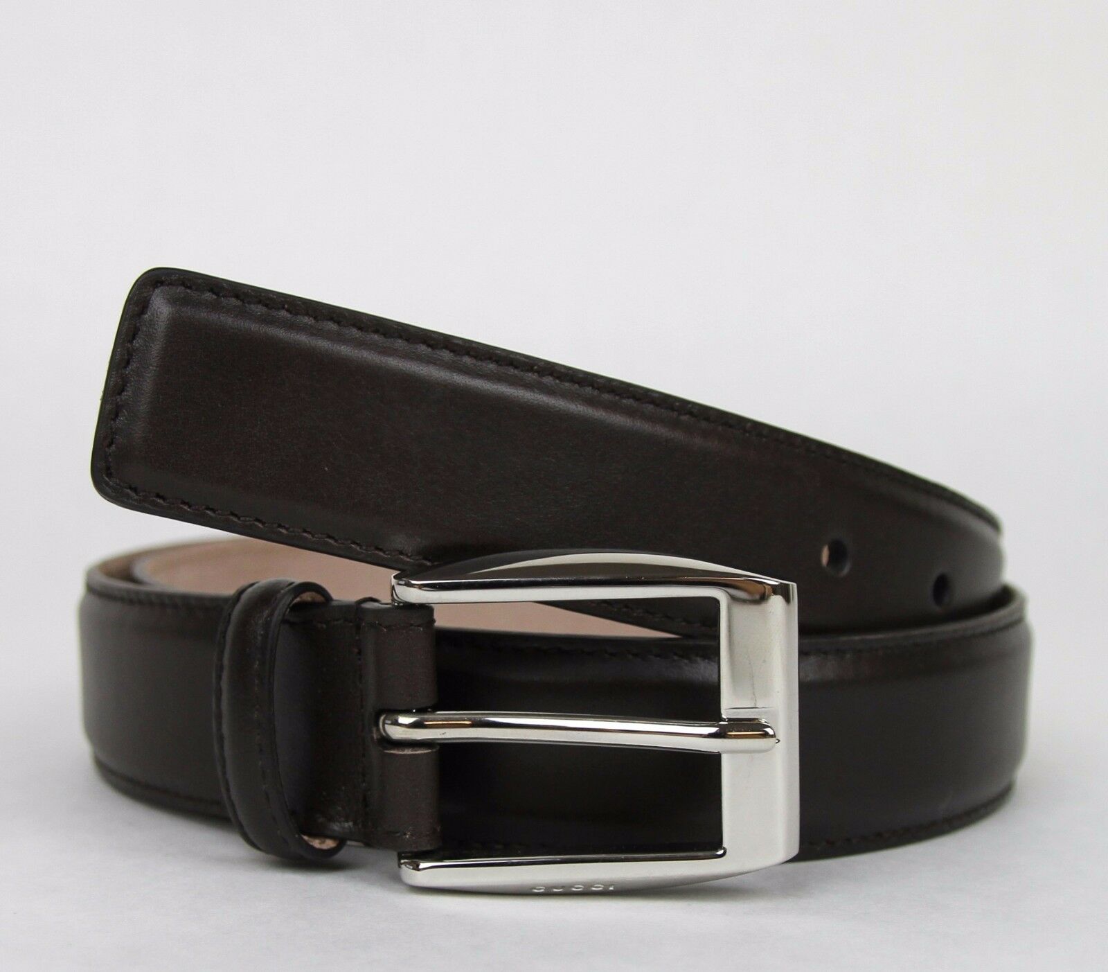 

New Gucci Mens Dark Brown Leather Belt with Classic Square Buckle 336831 2140