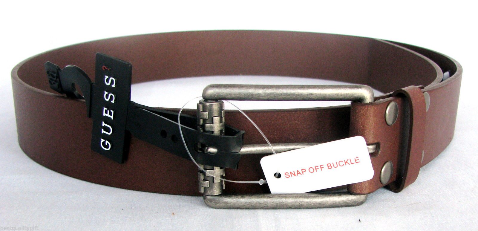 

NEW GUESS BROWN COGNAC LEATHER MENS BELT DISTRESSED SILVER TONE SNAP OFF BUCKLE