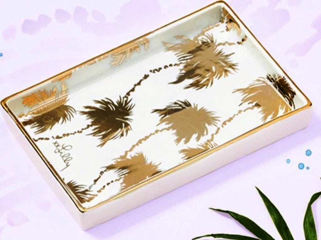 

NEW Lilly Pulitzer GWP JEWELRY DISH Trinket TRAY Palm Tree Palms Gold Metallic