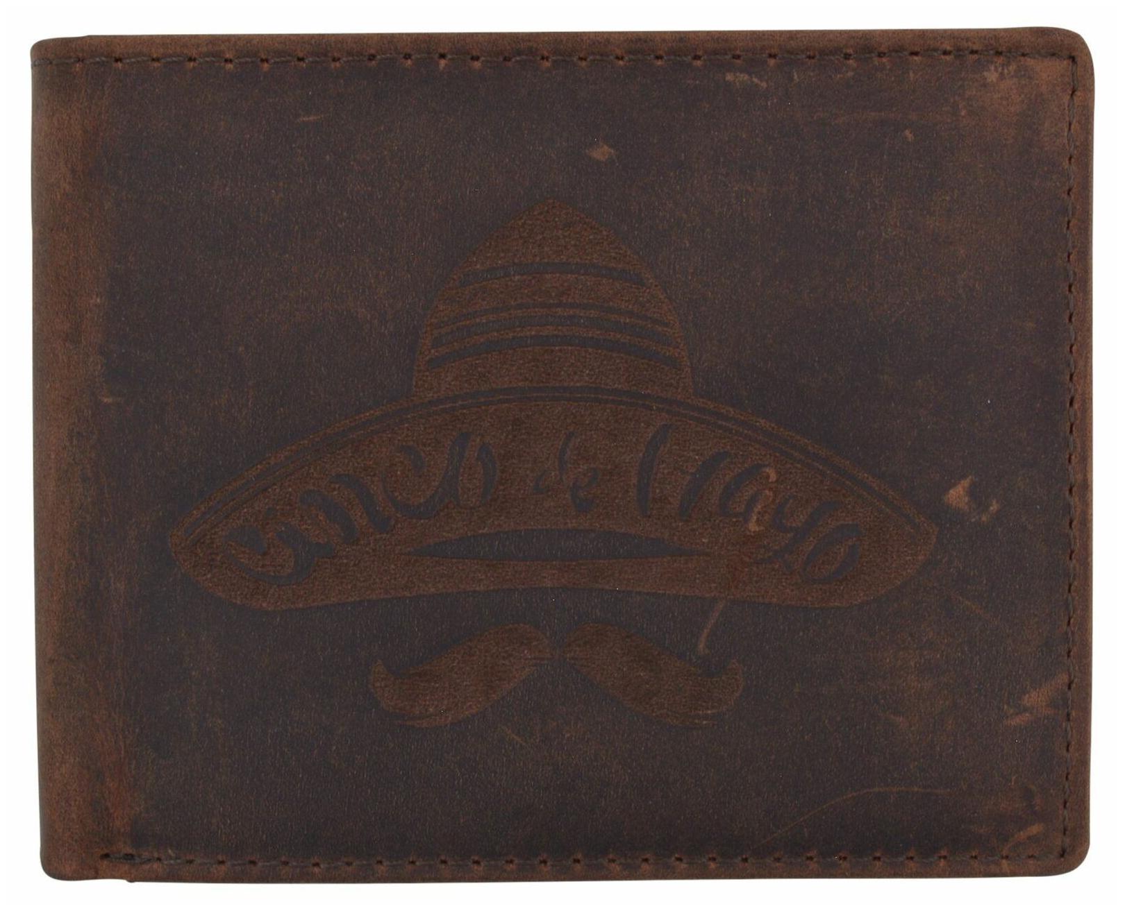 

RFID Blocking Mens Genuine Leather Bifold 5 de Mayo Sombrero Logo Wallet