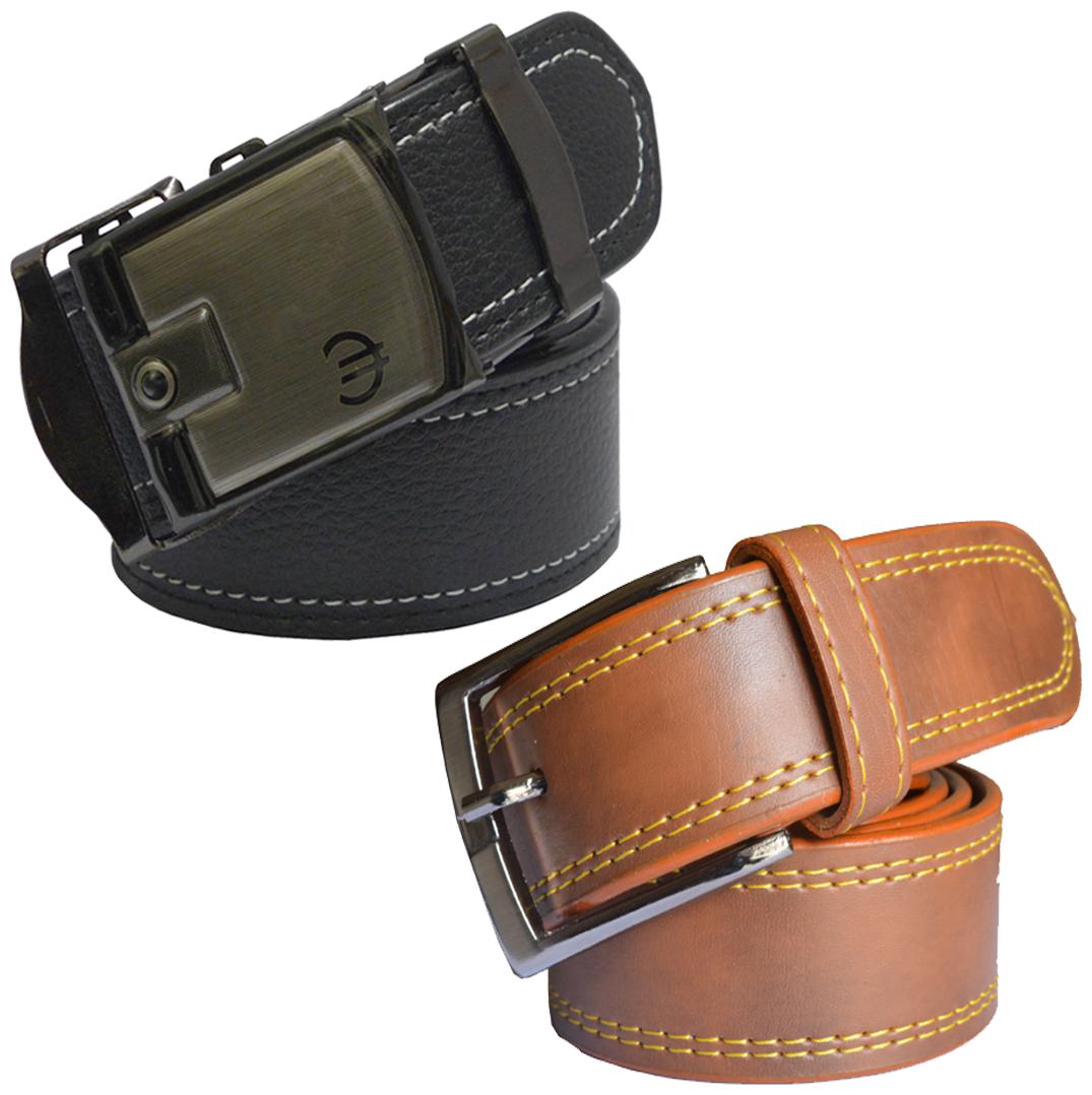 

Sunshopping Men s Black Synthetic Auto Lock And Tan Needle Pin Point Buckle Belt