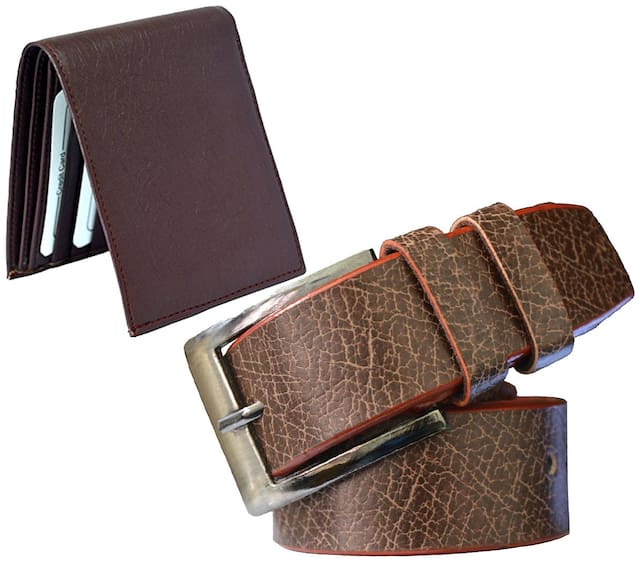 Sunshopping men's tan leatherite needle pin point buckle belt with black color bifold synthetic leather wallat size from 28 to 38 (combo)