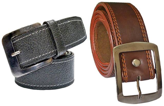 Sunshopping men's black and brown leatherite needle pin point buckle belt size from 28 to 38 (pack of two)