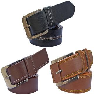 Sunshopping men's black and brown leatherite needle pin point buckle belt size from 28 to 38 (pack of 3)