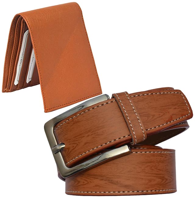 Sunshopping men's tan leatherite needle pin point buckle belt with tan color bifold synthetic leather wallat size from 28 to 38 (combo)