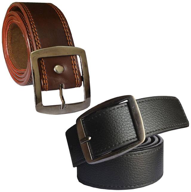 Sunshopping men's black and brown leatherite needle pin point buckle belt size from 28 to 38 (pack of two)