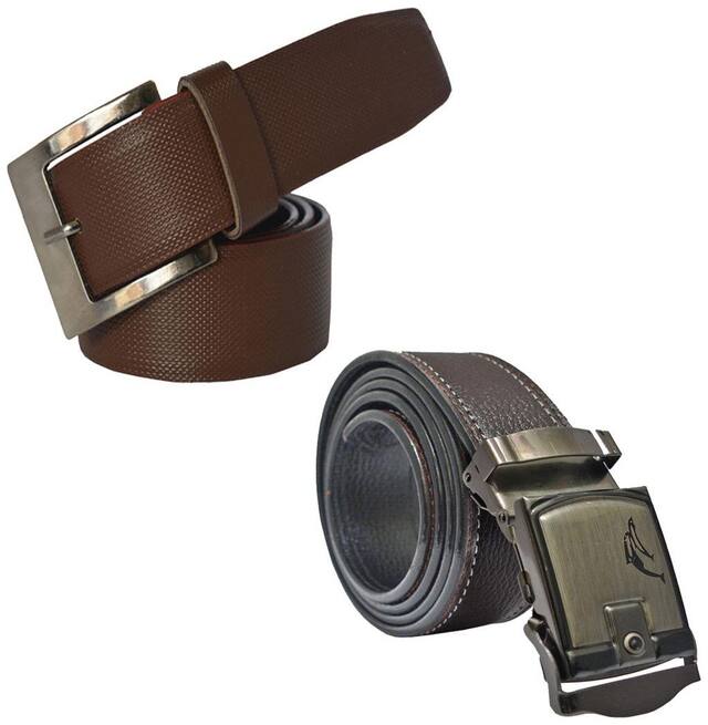 Sunshopping men's brown leatherite needle pin point buckle belt and auto lock buckle belt size from 28 to 38 (pack of two)