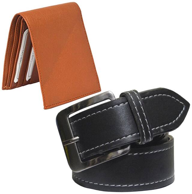 Sunshopping men's black leatherite needle pin point buckle belt with tan color bifold synthetic leather wallat size from 28 to 38 (combo)