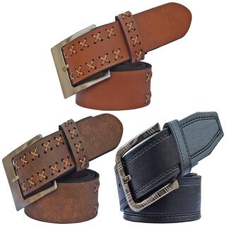 Sunshopping men's black and brown leatherite needle pin point buckle belt size from 28 to 38 (pack of 3)