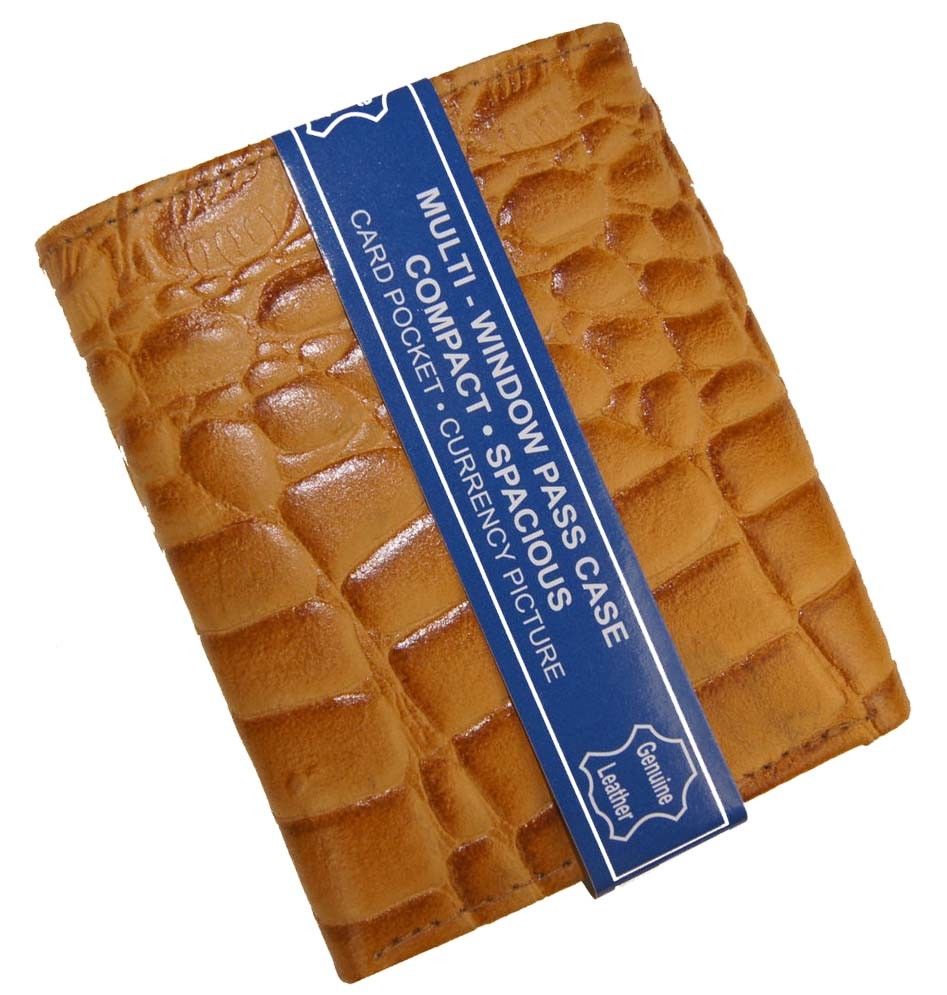 

Tan Crocodile Embossed Cowboy Credit Card ID Window Leather Men s Trifold Wallet