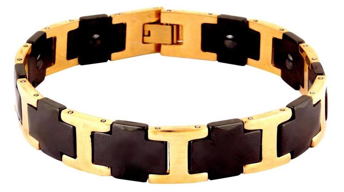 

The Jewelbox Gold Plated Tungsten Black Glossy Ceramic Bio Magnetic Men Bracelet
