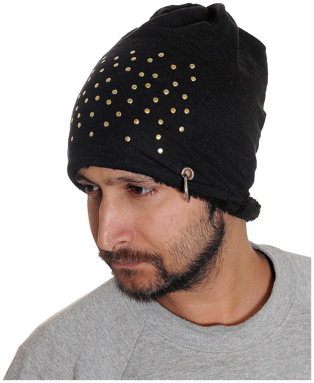 

Tiekart Black Studded Warm Winter Beanie Skull Cap With Faux Fur Inside for Men Boys