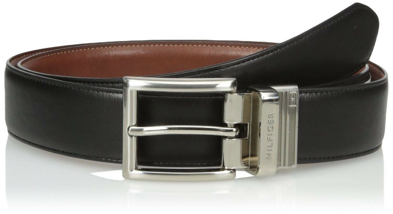 

Tommy Hilfiger Men s Ribbon Black Tan Belt With Polished Nickel Buckle Reversibl