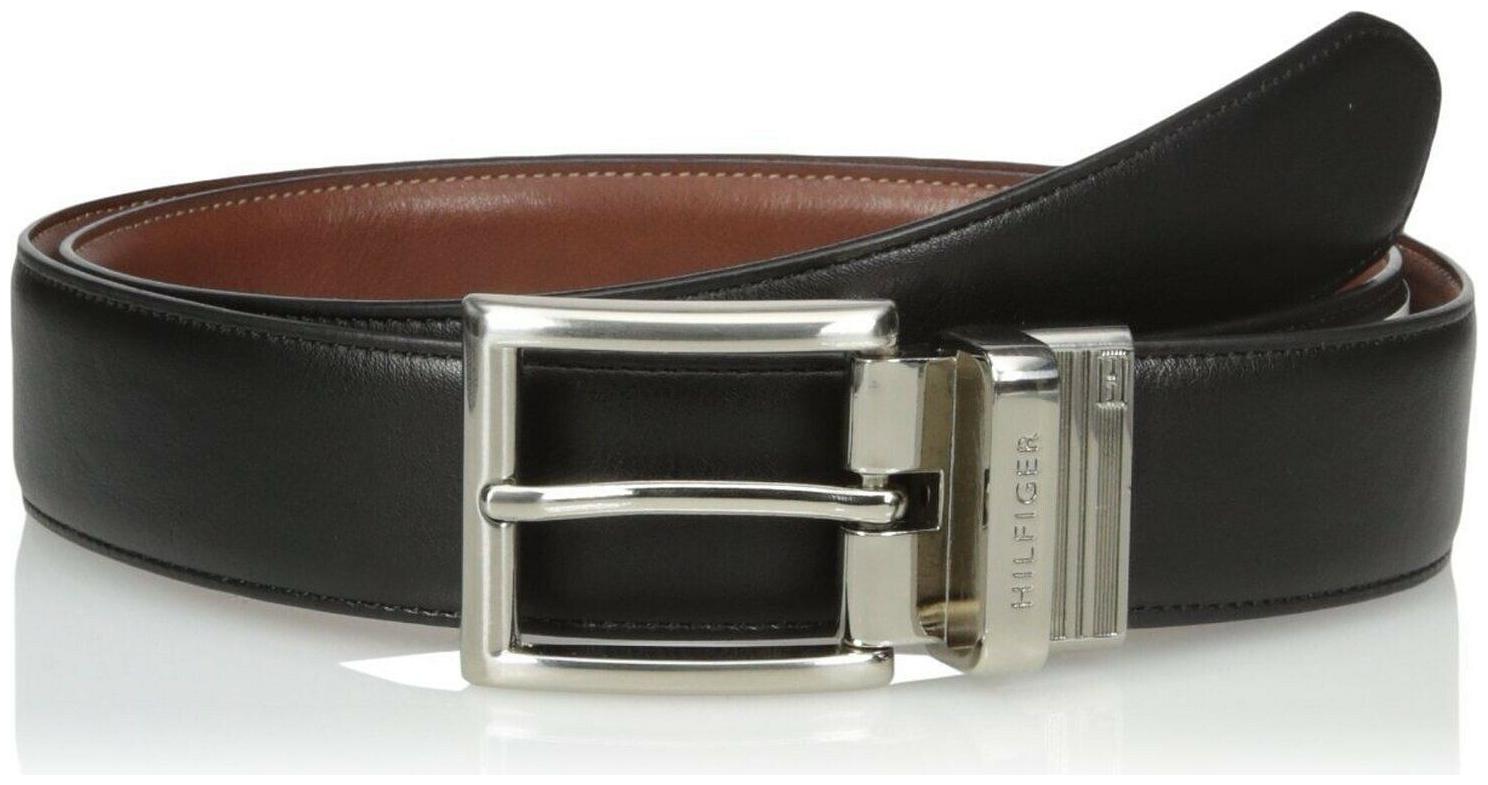 

Tommy Hilfiger Men s Ribbon Black Tan Belt With Polished Nickel Buckle Reversibl