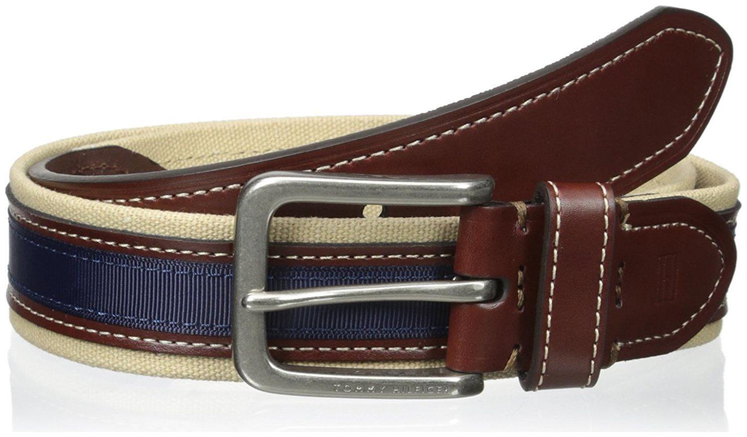 

Tommy Hilfiger Men s Khaki brown navy Belt Canvas And Ribbon 35mm