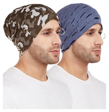 

Vimal Jonney Camouflage Military Olive Green And Ripped Look Navy Blue With Ring Beanie Cap For Men