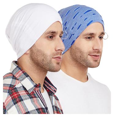 

Vimal Jonney Ripped Look Sky Blue And White With Ring Beanie Cap For Men