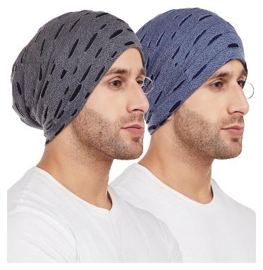 

Vimal Jonney Ripped Look Black And Navy Blue With Ring Beanie Cap For Men