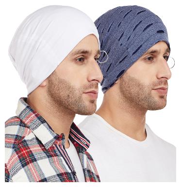 

Vimal Jonney Ripped Look Navy Blue And White With Ring Beanie Cap For Men