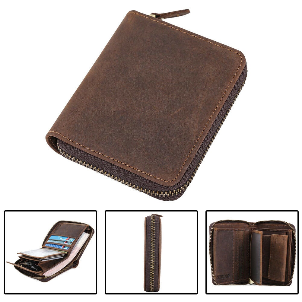 

Vintage Men Leather Bifold Wallet Cowboy Zipper Closure Purse Card Coin Holder