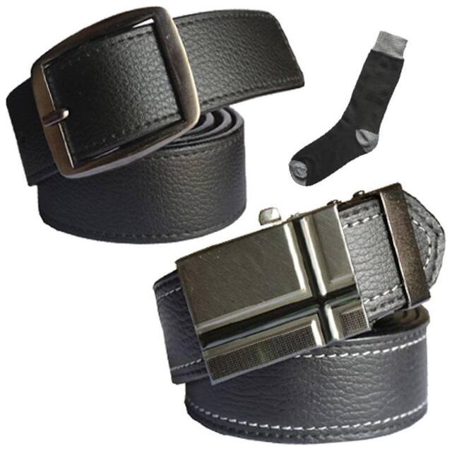 Ws deal men's black leatherite needle pin point buckle and black leatherite auto lock buckle belts with black socks (pack of three) size from 28 to 40
