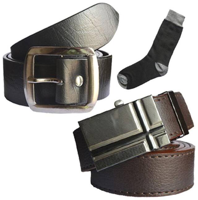 Ws deal men's black leatherite needle pin point buckle and brown leatherite auto lock buckle belts with black socks (pack of three) size from 28 to 40
