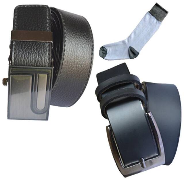Ws deal men's black leatherite auto lock buckle and black leatherite needle pin point buckle belts with white socks (pack of three) size from 28 to 40