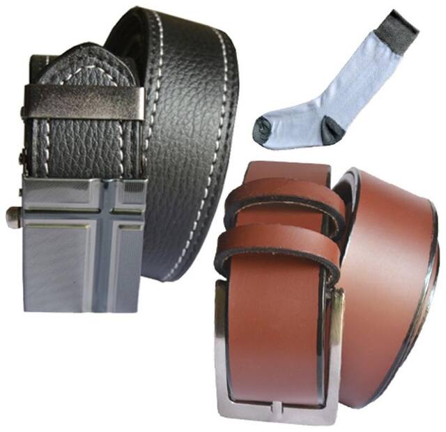 Ws deal men's black leatherite auto lock buckle and brown leatherite needle pin point buckle belts with white socks (pack of three) size from 28 to 40
