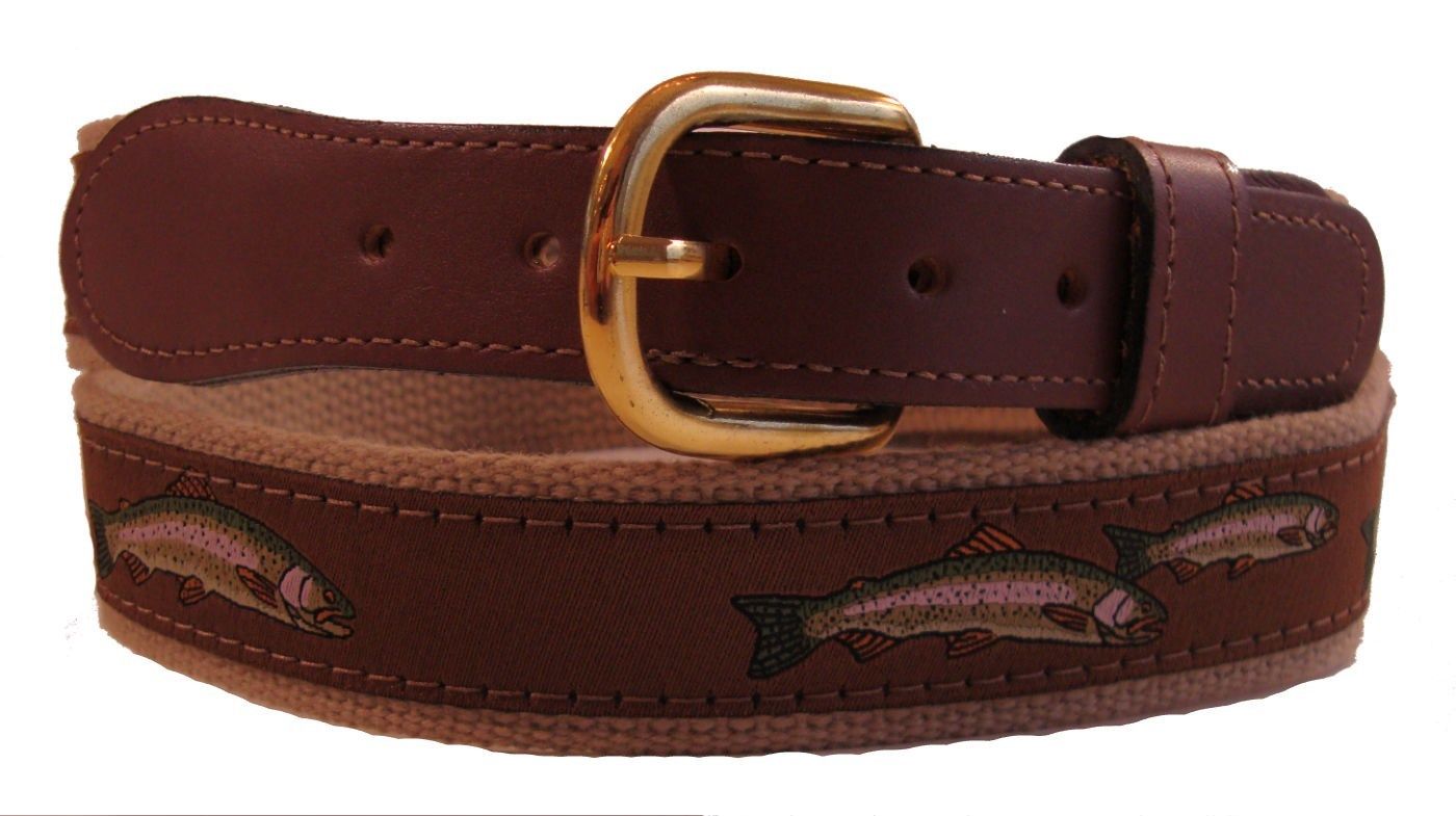 

ZEP-PRO Embroidered Leather Canvas RAINBOW TROUT Ribbon Belt NWT select size