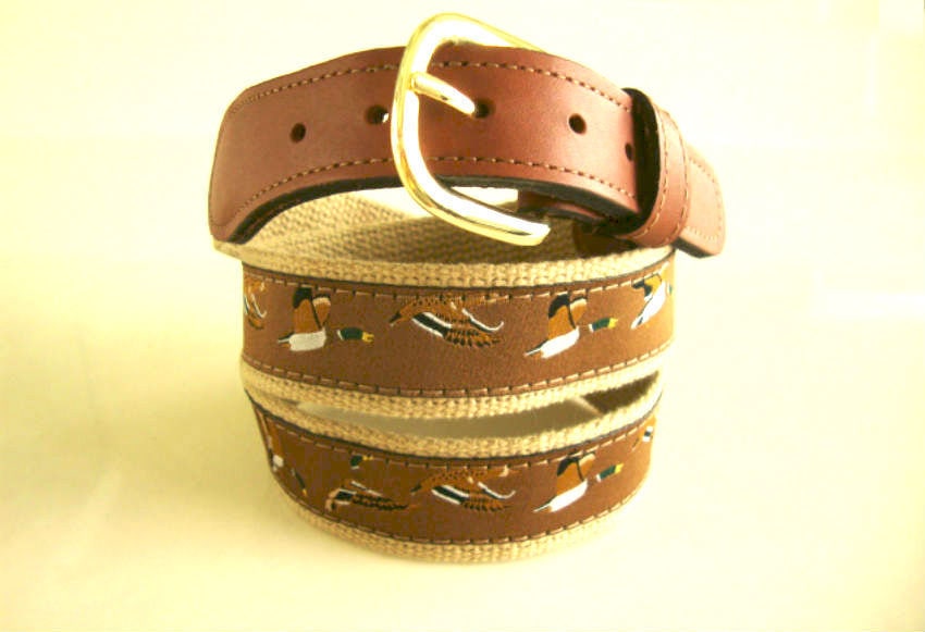 

ZEP-PRO Embroidered Leather Canvas Ribbon MALLARD Mallards DUCKS DUCK Belt