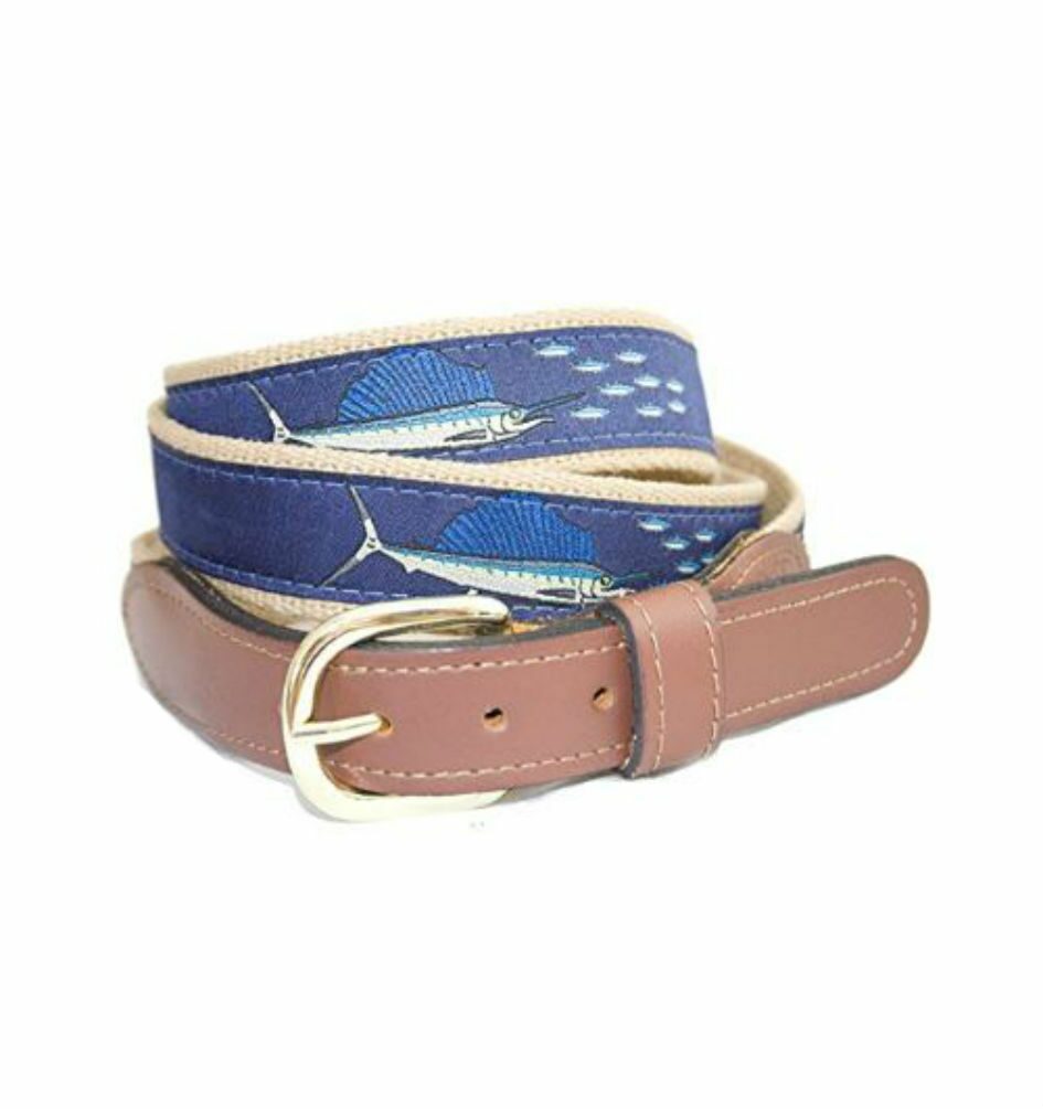 

ZEP-PRO Leather Canvas DOLPHIN MAHI or SAILFISH CHASE Ribbon Belt w Flying Fish