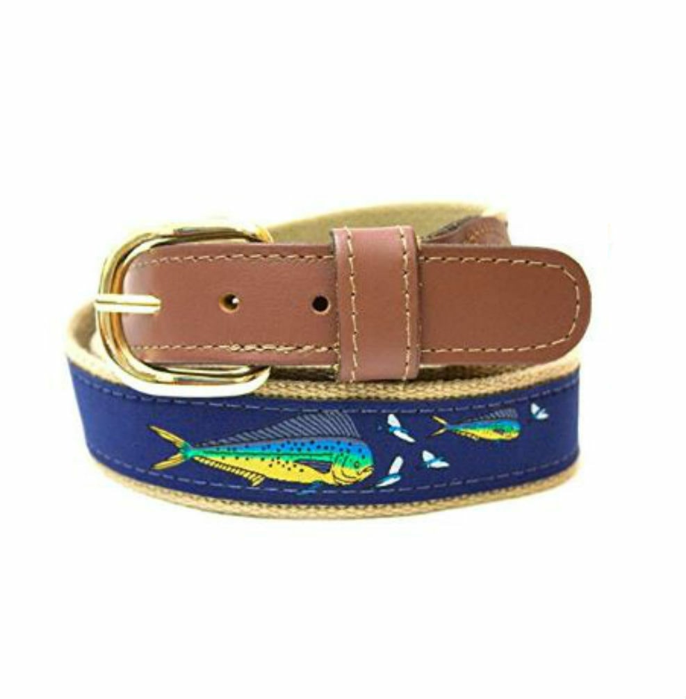 

ZEP-PRO Leather Canvas DOLPHIN MAHI or SAILFISH CHASE Ribbon Belt w Flying Fish
