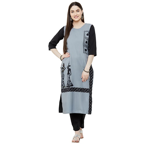

1 Stop Fashion Women Grey Printed Straight Kurta