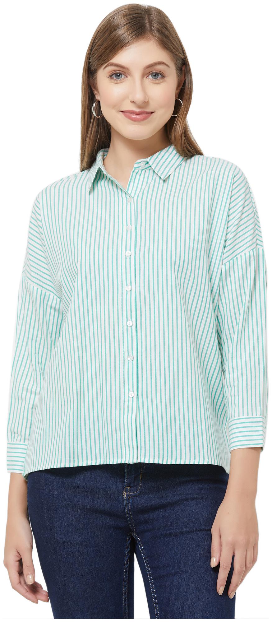 

109 F Women Green Striped Regular Fit Shirt
