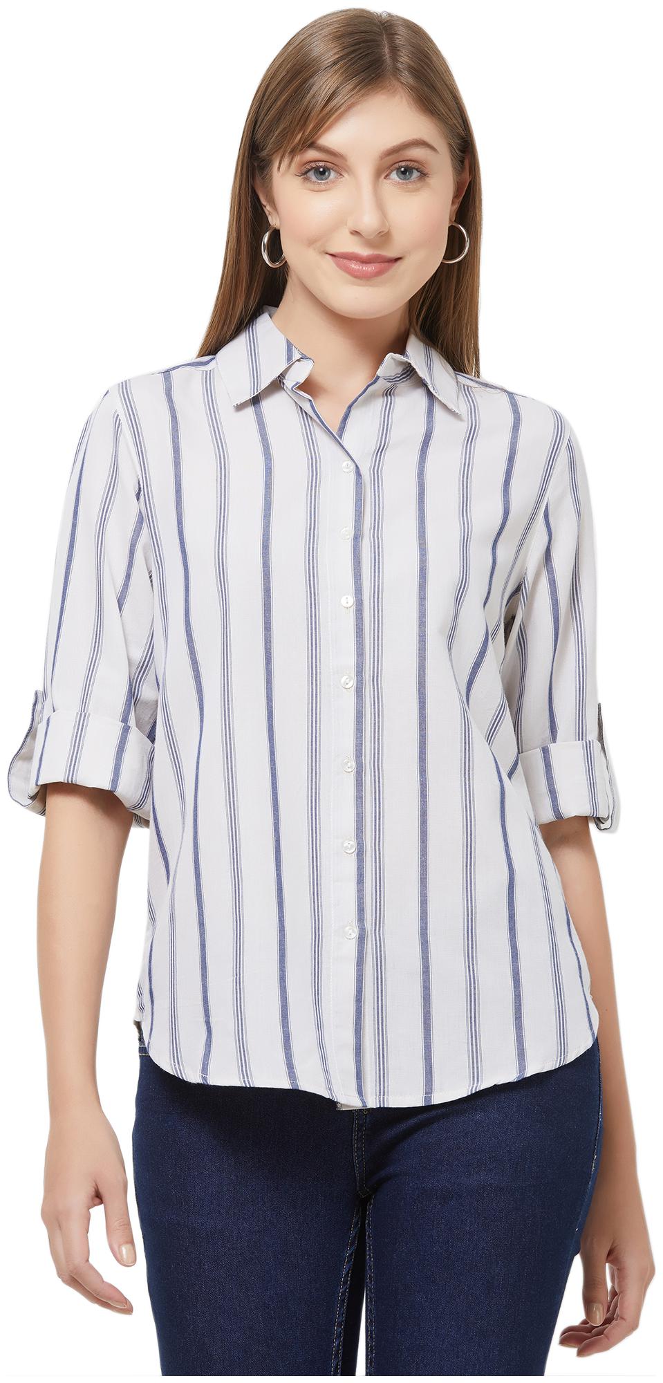 

109 F Women Blue Striped Regular Fit Shirt