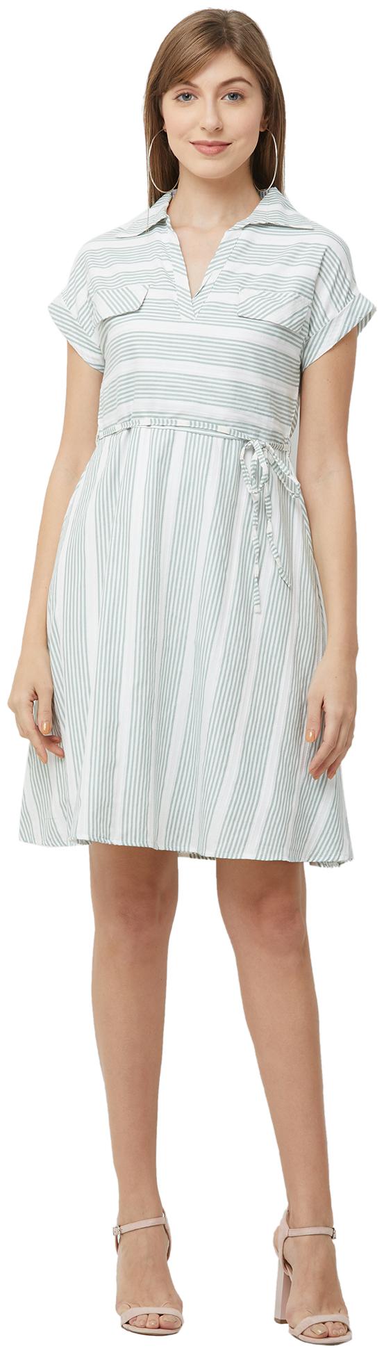 

109 F Green Striped A-line dress
