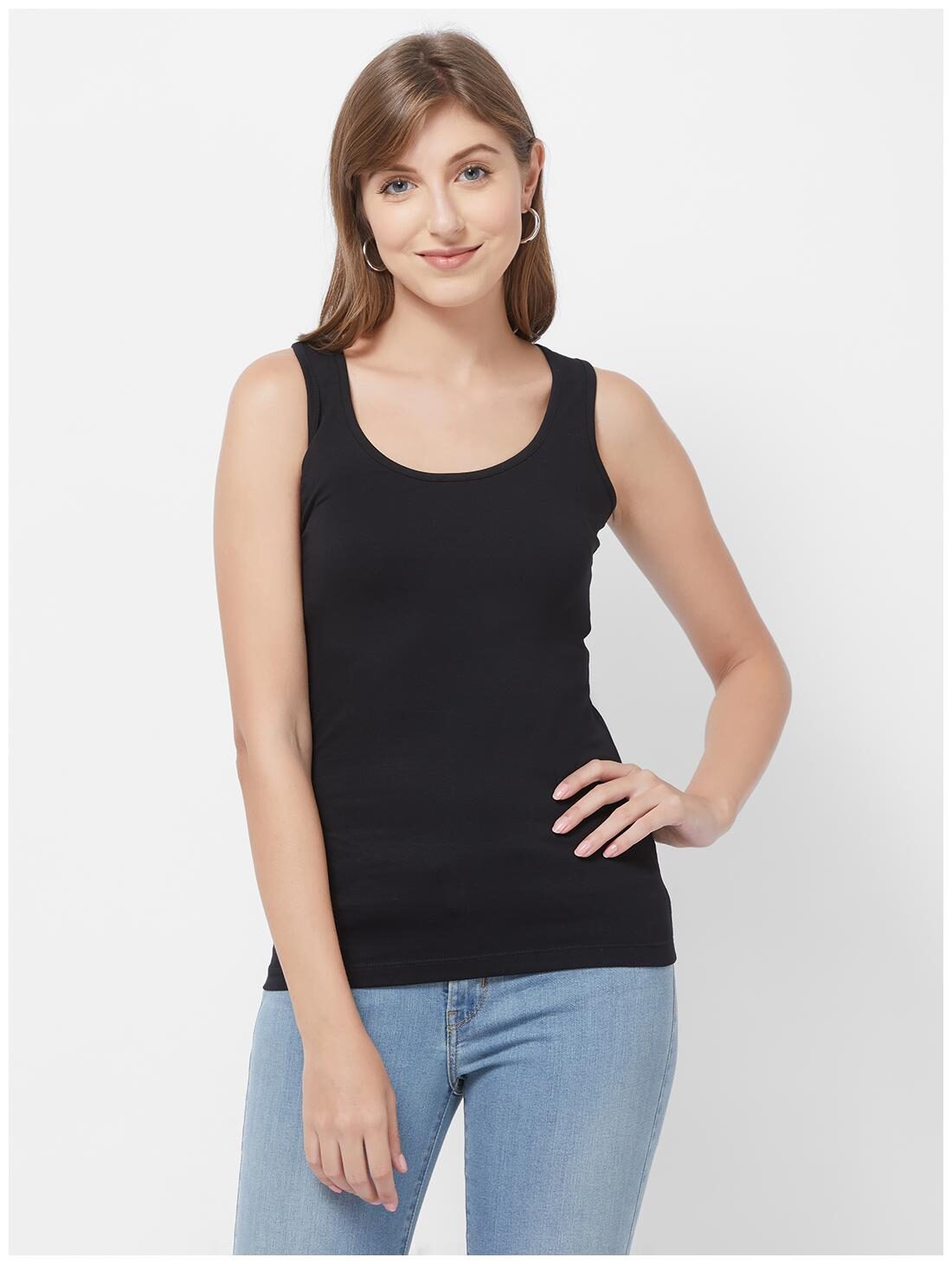 

109 F Women Black Regular fit U neck Cotton Tank top